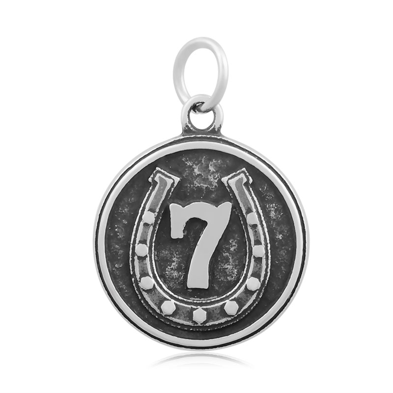PandaHall Flat Round with Horseshoe & Number 7 316 Stainless Steel Pendants, Antique Silver, 29x19mm, Hole: 6mm Stainless Steel Flat Round
