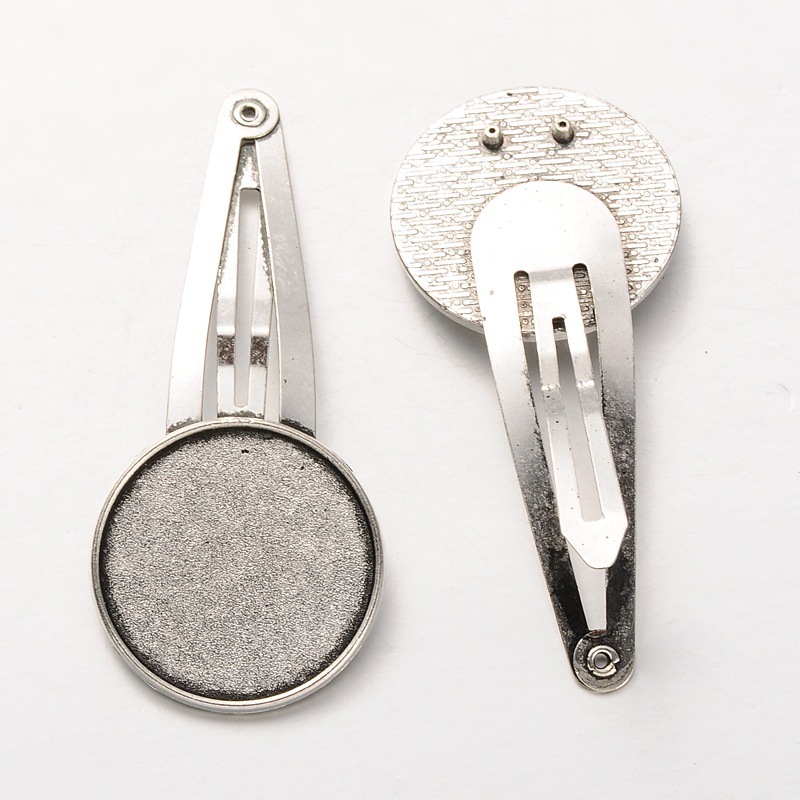 PandaHall Iron Snap Hair Clip Findings, with Tibetan Style Alloy Flat Round Cabochon Settings, Antique Silver, Tray: 20mm; 56mm Alloy