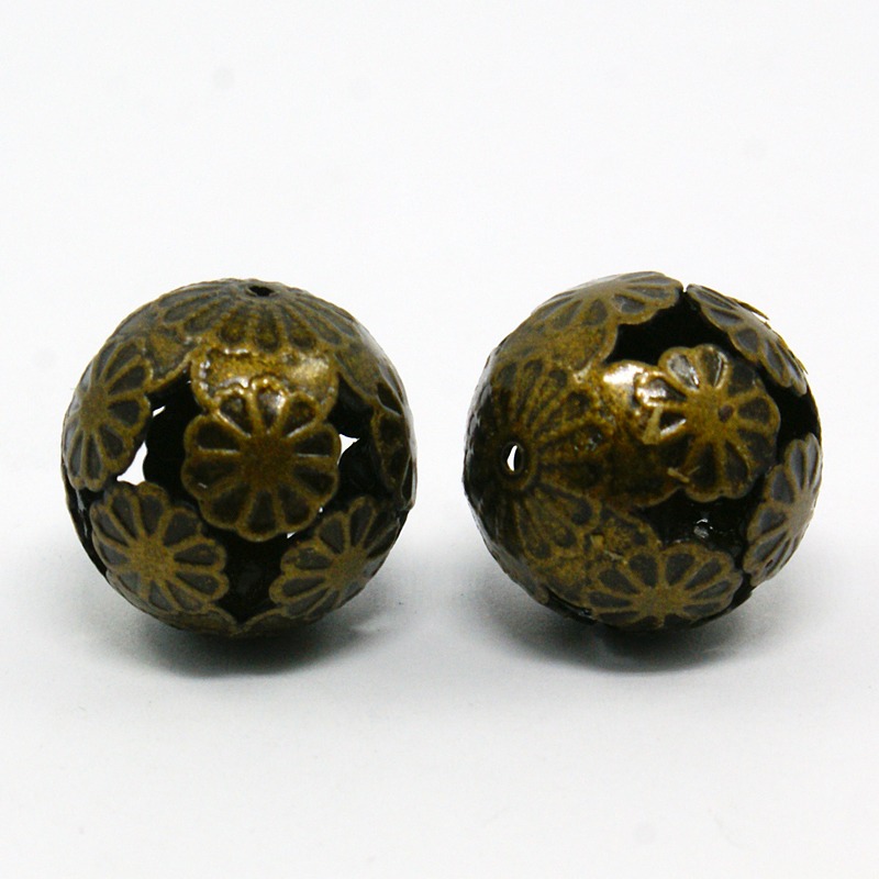 PandaHall Iron Filigree Beads, Nickel Free, Round, Antique Bronze Color, Size: about 16mm in diameter, hole: 1mm Iron Round