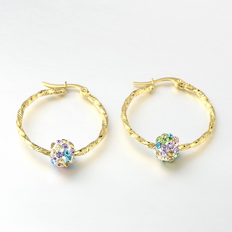 PandaHall 304 Stainless Steel Hoop Earrings, with Polymer Clay Rhinestone Beads, Golden, 31x28x2mm; Pin: 1mm Rhinestone White