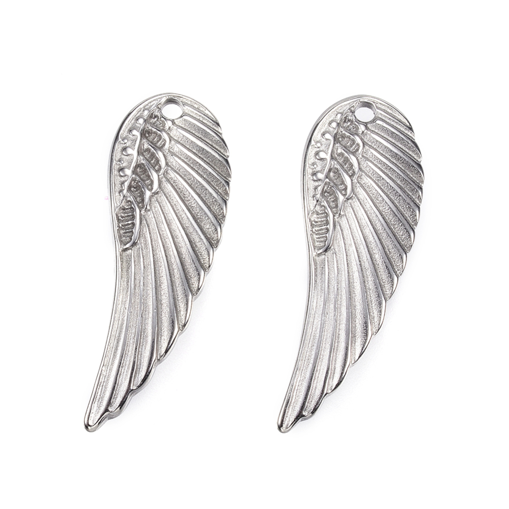 PandaHall 304 Stainless Steel Pendants, Wing, Stainless Steel Color, 31.5x11x2mm, Hole: 1.2mm Stainless Steel Wing