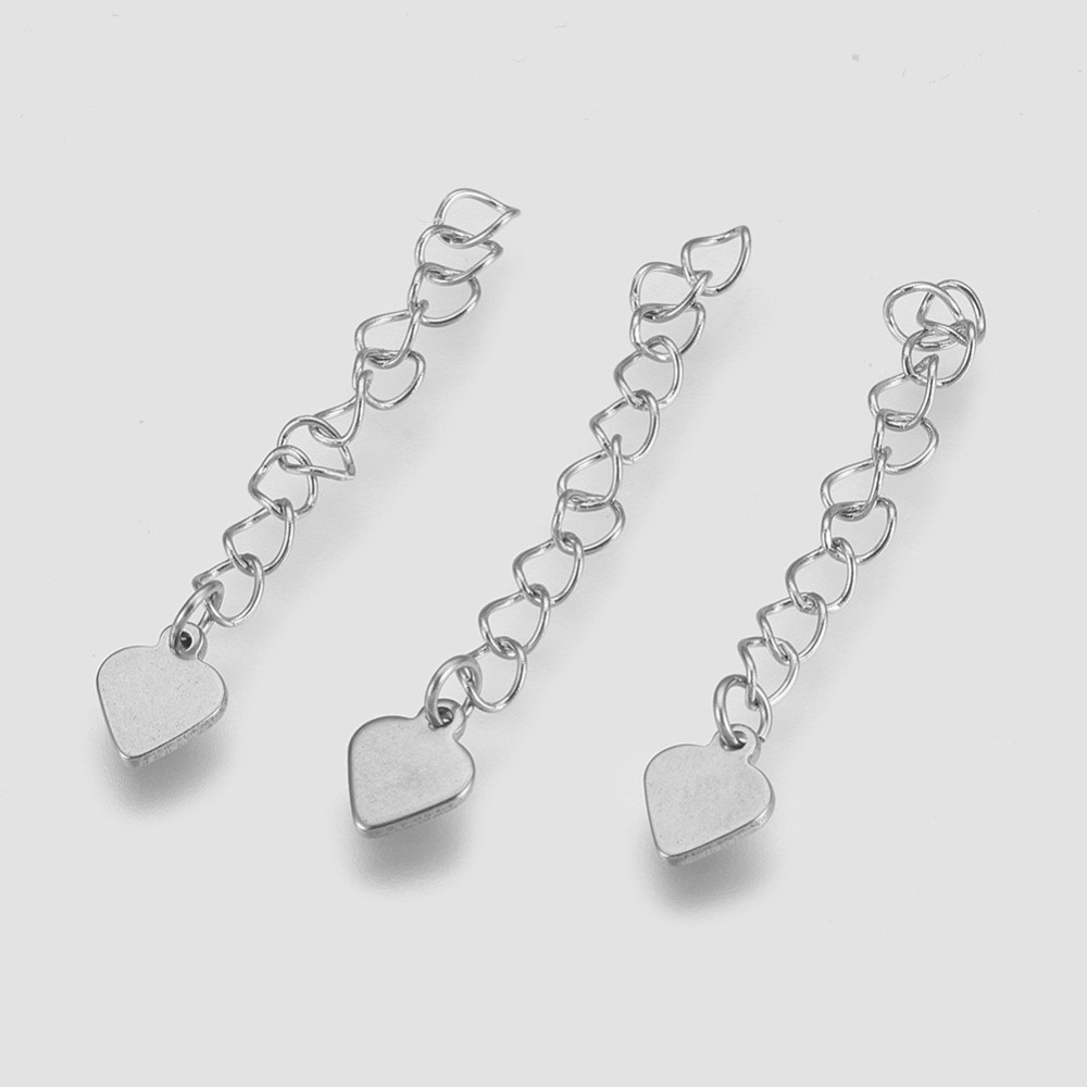PandaHall 304 Stainless Steel End Extender Chains, Heart, Stainless Steel Color, 50~60x3mm, Pendant: 9.5x7.5x1mm Stainless Steel
