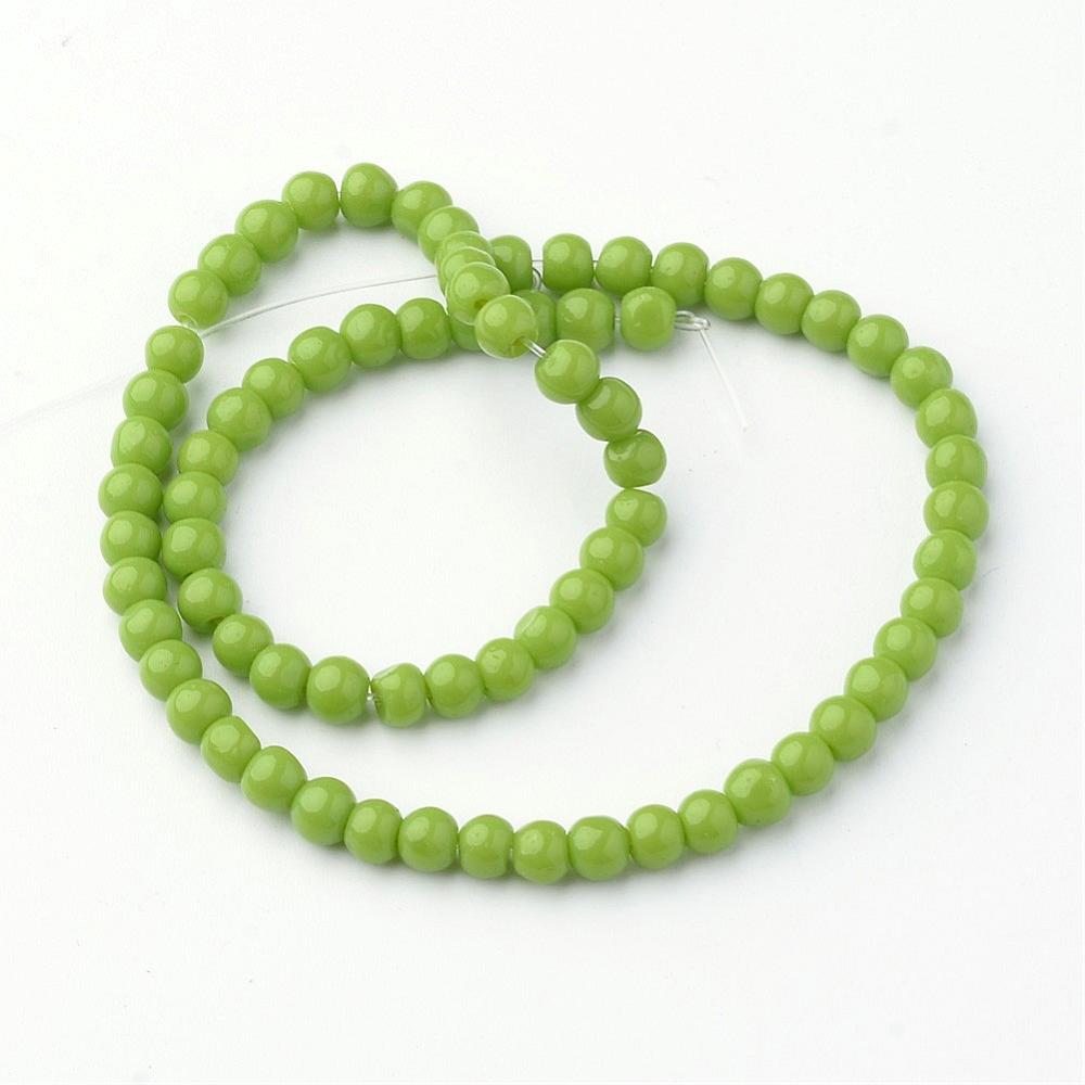 PandaHall Opaque Glass Bead Strands, Round, Dyed, LawnGreen, 4mm, Hole: 1mm; about 72pcs/strand, 10.3" Glass Round Green