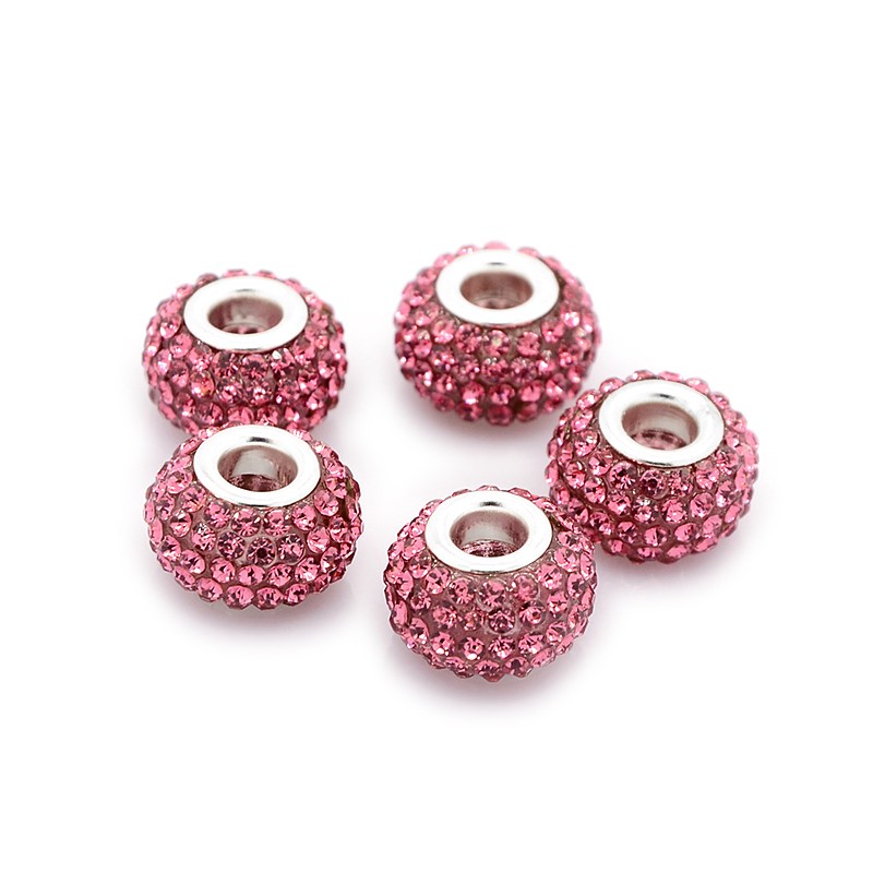 PandaHall Resin European Rhinestone Beads, Grade A, with Silver Plated Brass Double Cores, Rondelle, Flamingo, 15x10mm, Hole: 5mm Rondelle...