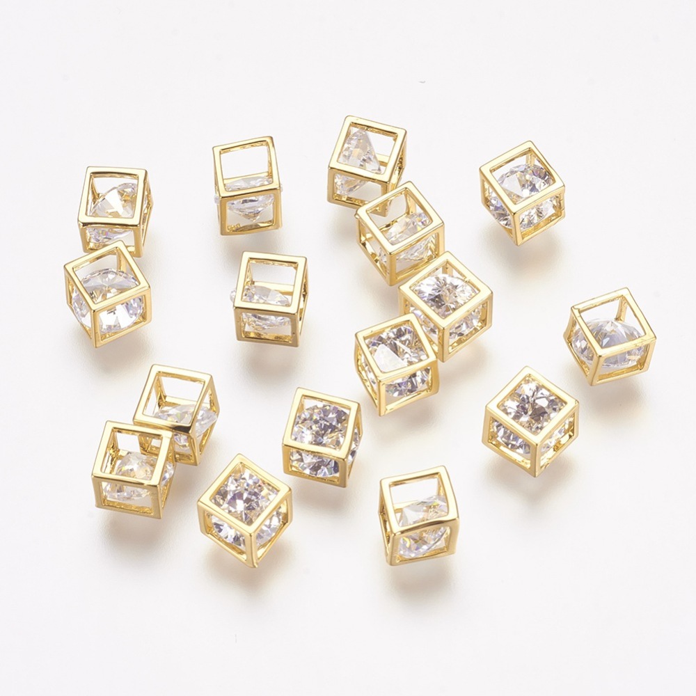 PandaHall Brass Cubic Zirconia Charms, Cube, Real Gold Plated, 4.5x4.5x4.5mm Brass+Cubic Zirconia Cube