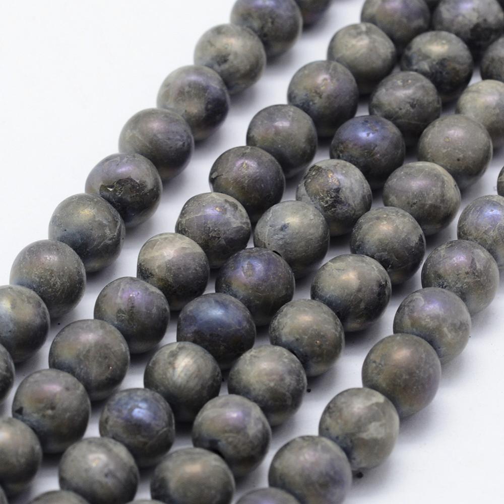 PandaHall Electroplate Natural Labradorite Beads Strands, Round, 8mm, Hole: 1mm; about 49pcs/strand, 14.7"(37.5cm) Labradorite Round Gray
