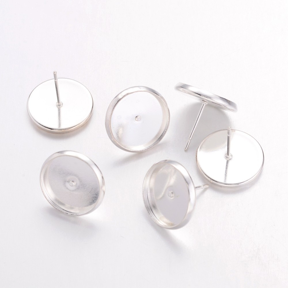PandaHall Brass Ear Studs Settings, Lead Free & Cadmium Free & Nickel Free, Silver, Tray: 12mm; 12mm; Pin: 1mm Brass