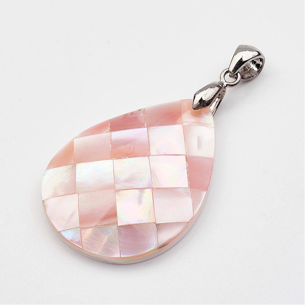 PandaHall Natural Shell Pendants, with Platinum Tone Brass Findings, Drop, MistyRose, 40x30x5.5mm, Hole: 4x6mm Shell Drop Red