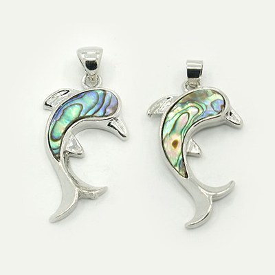 PandaHall Abalone/Paua Shell Pendants, with Brass Findings, Dolphin, Platinum Metal Color, Colorful, 37x23x5mm, Hole: 4x5mm Paua Shell...