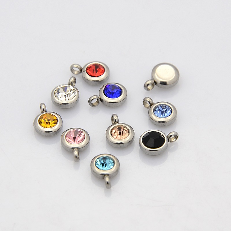PandaHall Trendy Original Color 304 Stainless Steel Faceted Grade A Rhinestone Flat Round Charms Pendants. Stainless Steel Color, Mixed...