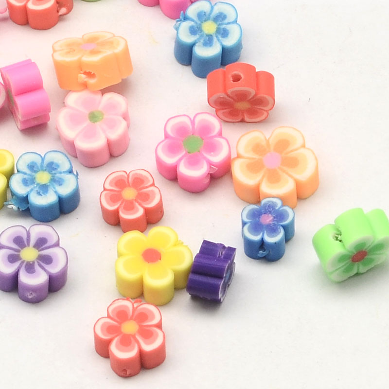 PandaHall Handmade Polymer Clay Flower Plum Blossom Beads, Mixed Color, 8x3~5mm, Hole: 2mm Polymer Clay Flower Multicolor