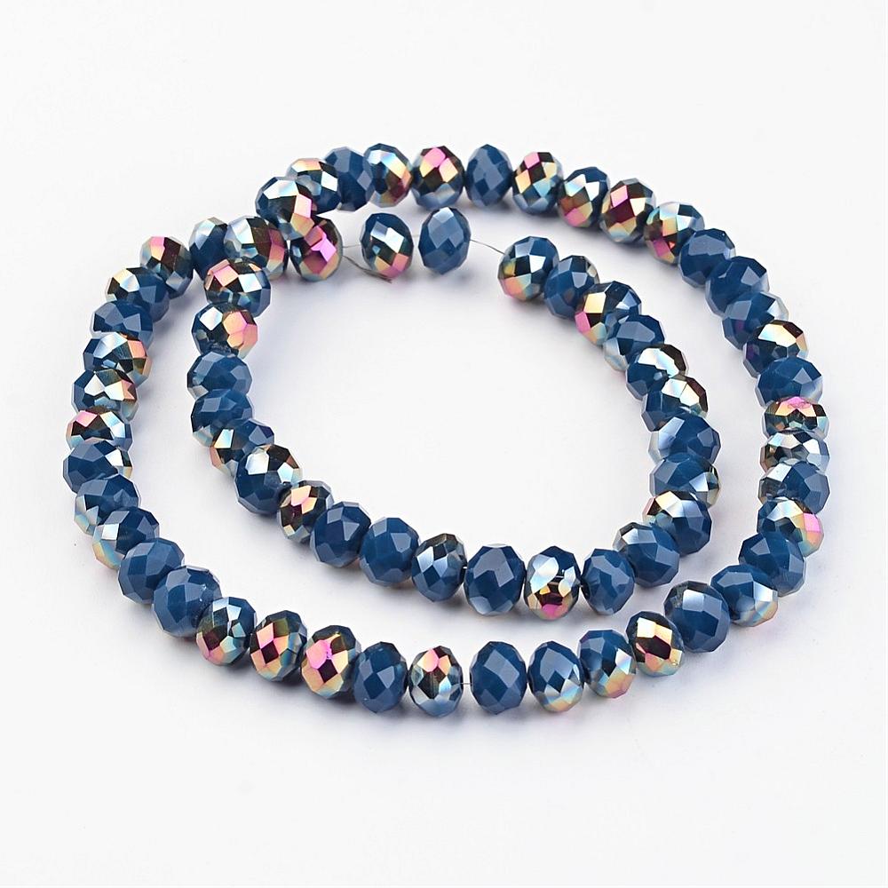PandaHall Electroplate Glass Bead Strands, Half Plated, Faceted, Rondelle, MidnightBlue, 8x6mm, Hole: 1mm; about 72pcs/strand, 15.7'' Glass...
