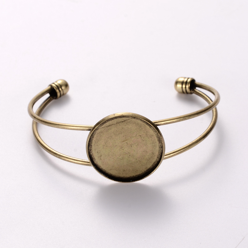 PandaHall Nickel Free Brass Cuff Bangle Makings, Bangle Blanks, with Flat Round Tray, Antique Bronze, 60mm, Tray: 25mm Brass
