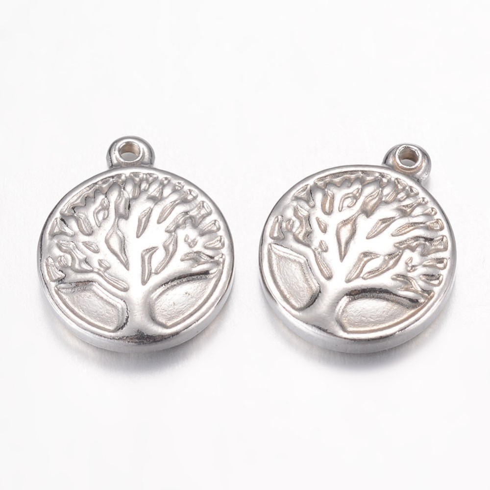 PandaHall 304 Stainless Steel Charms, Flat Round with Tree of Life, Stainless Steel Color, 15.5x13x3mm, Hole: 1mm Stainless Steel Flat Round