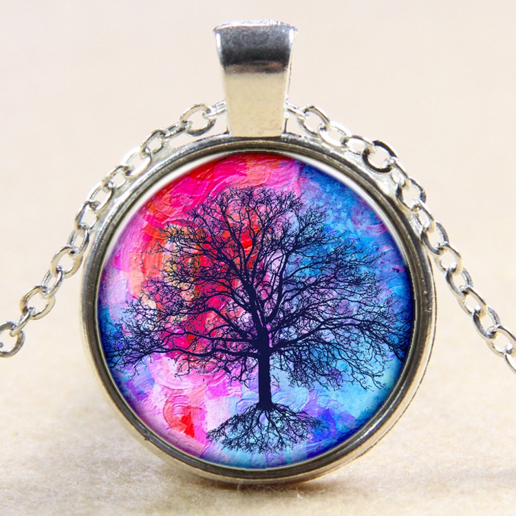 PandaHall Tree Of Life Pattern Flat Round Glass Pendant Necklaces, with Alloy Chains, Silver, 18" Alloy
