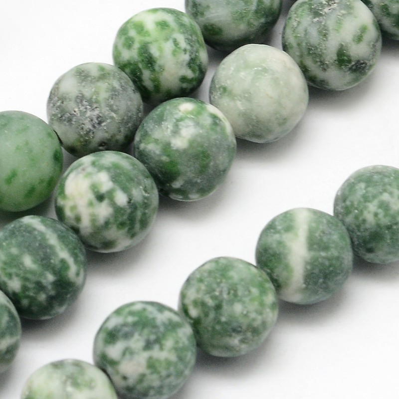 PandaHall Natural Green Spot Stone Round Bead Strands, Frosted, Round, 8mm, Hole: 1mm; about 48pcs/strand, 15.1" GreenSpot Stone Round Green