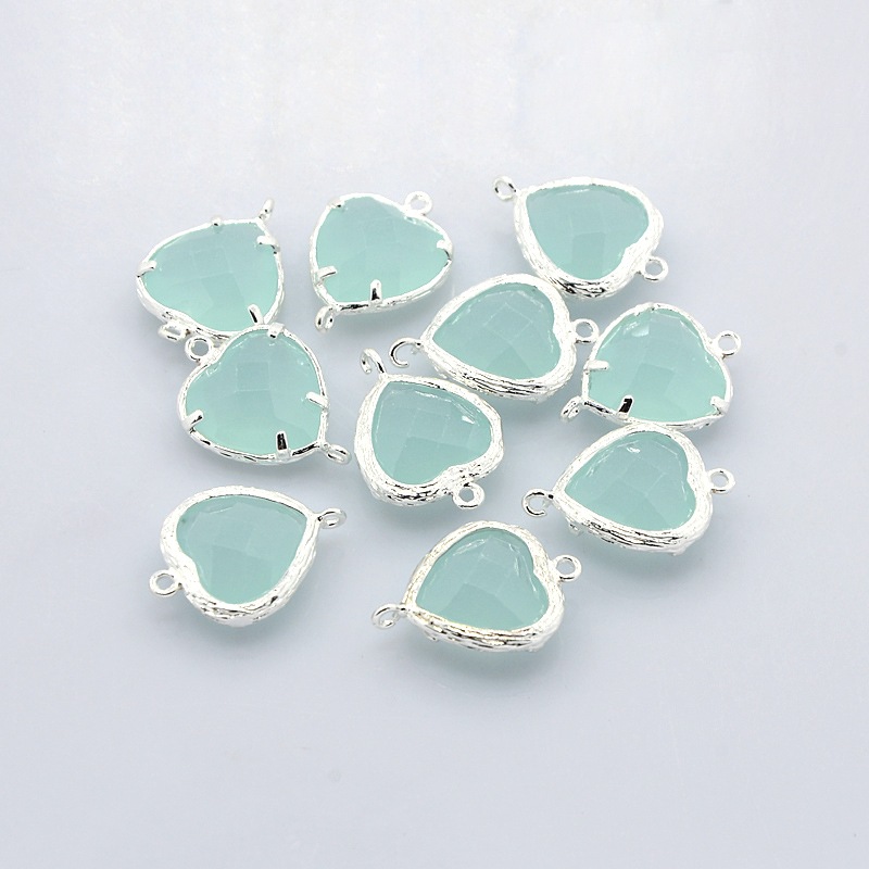 PandaHall Nickel Free Silver Tone Brass Glass Links, Heart, PaleTurquoise, 19x14x6mm, Hole: 1mm Glass Heart Cyan