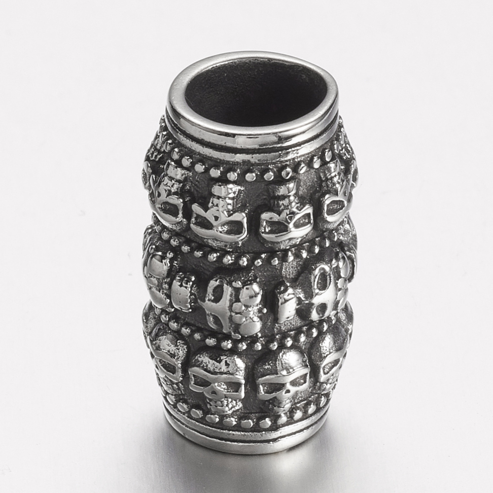 PandaHall 304 Stainless Steel Beads, Large Hole Beads, Column with Skull, Antique Silver, 24x14mm, Hole: 8.5mm Stainless Steel Column