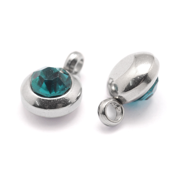 PandaHall Trendy Original Color 304 Stainless Steel Grade A Rhinestone Flat Round Charm Pendants, Faceted, Blue Zircon, 9x6.5x4mm, Hole: 2mm...