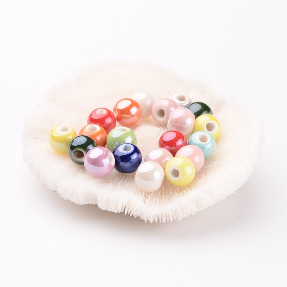 PandaHall Handmade Porcelain Beads, Pearlized, Round, Mixed Color, 10mm, Hole: 2~3mm Porcelain Round Multicolor