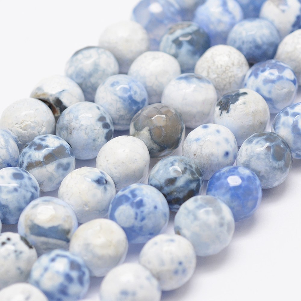 PandaHall Faceted Natural Fire Agate Beads Strands, Round, Dyed & Heated, LightBlue, 8mm, Hole: 1mm; about 47pcs/strand, 14"(35.6cm) Fire...