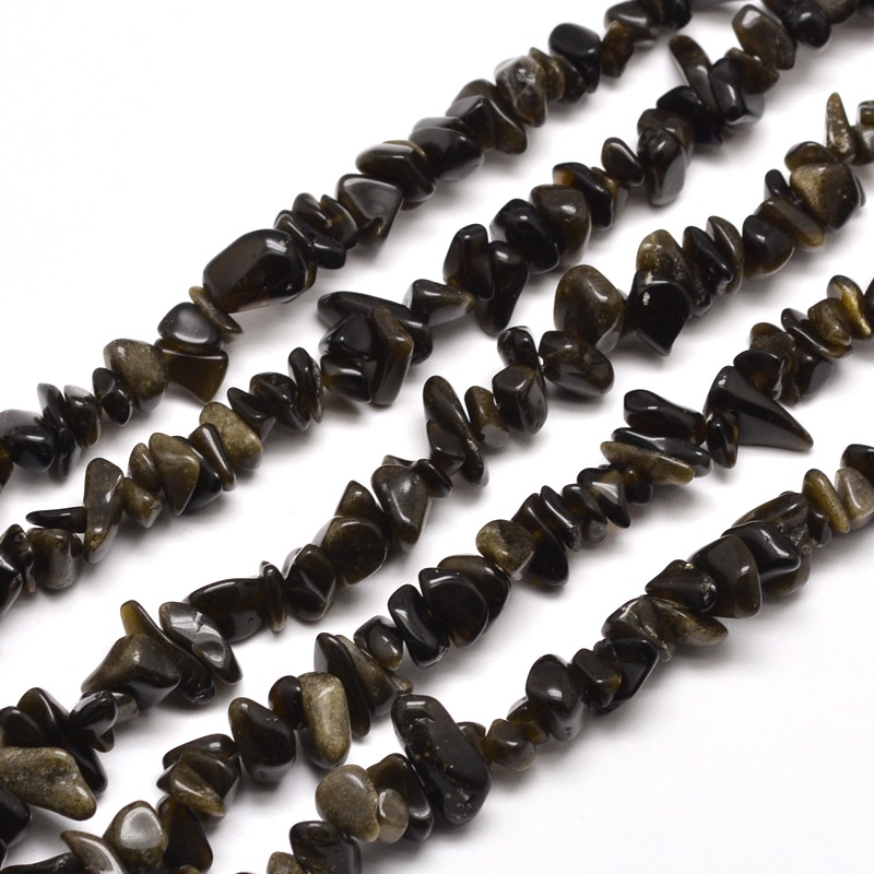 PandaHall Natural Golden Sheen Obsidian Chip Bead Strands, 5~8x5~8mm, Hole: 1mm; about 31.5" Golden Sheen Obsidian Chip