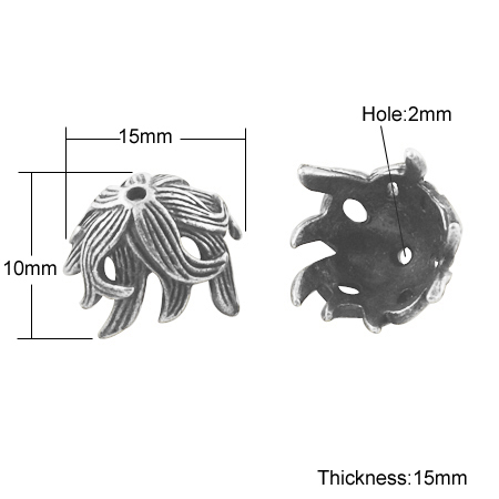 PandaHall Tibetan Style Bead Caps, Lead Free, Flower, Antique Silver, 10x15x15mm, Hole: 2mm Alloy