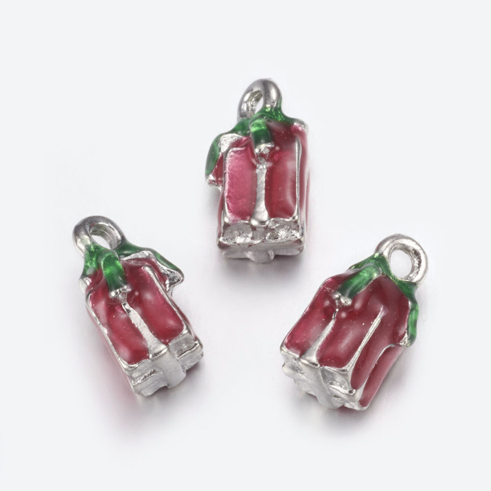 PandaHall Alloy Enamel Charms, Christmas Box, Platinum, Red, about 7mm long, 7mm wide, 13mm thick, hole: 1.5mm Alloy+Enamel Box Red