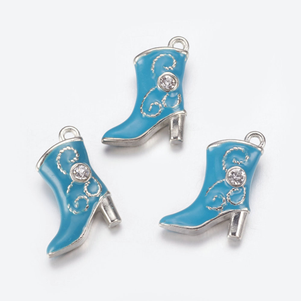 PandaHall Alloy Enamel Pandents, Boot, with Rhinestones, Platinum Color, DeepSkyBlue, about 16mm wide, 21mm long, hole: 1mm Alloy...