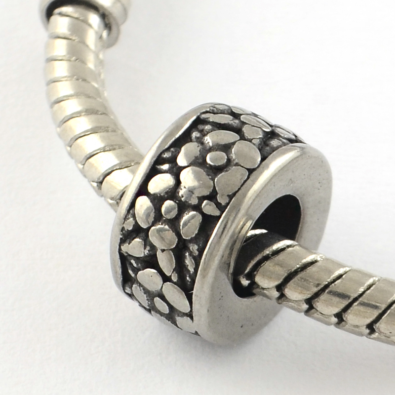 PandaHall Vintage Donut 316 Stainless Steel Large Hole Beads, Flower, Antique Silver, 10x5.5mm, Hole: 5mm Stainless Steel Donut