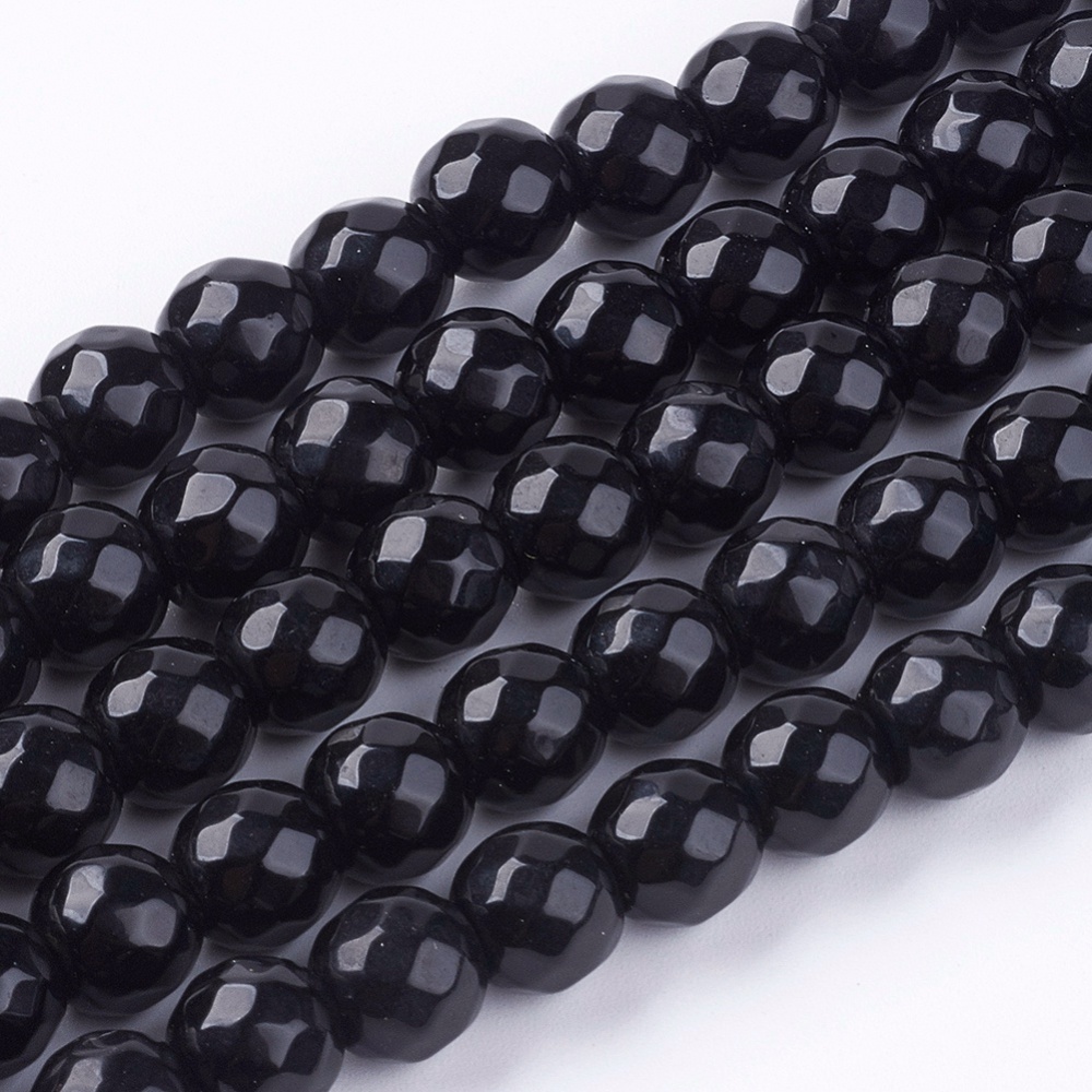 PandaHall Natural Jade Bead Strands, Dyed, Faceted, Round, Black, 8mm; Hole: 1mm; 48pcs/strand, 14.9" Other Jade Round Black