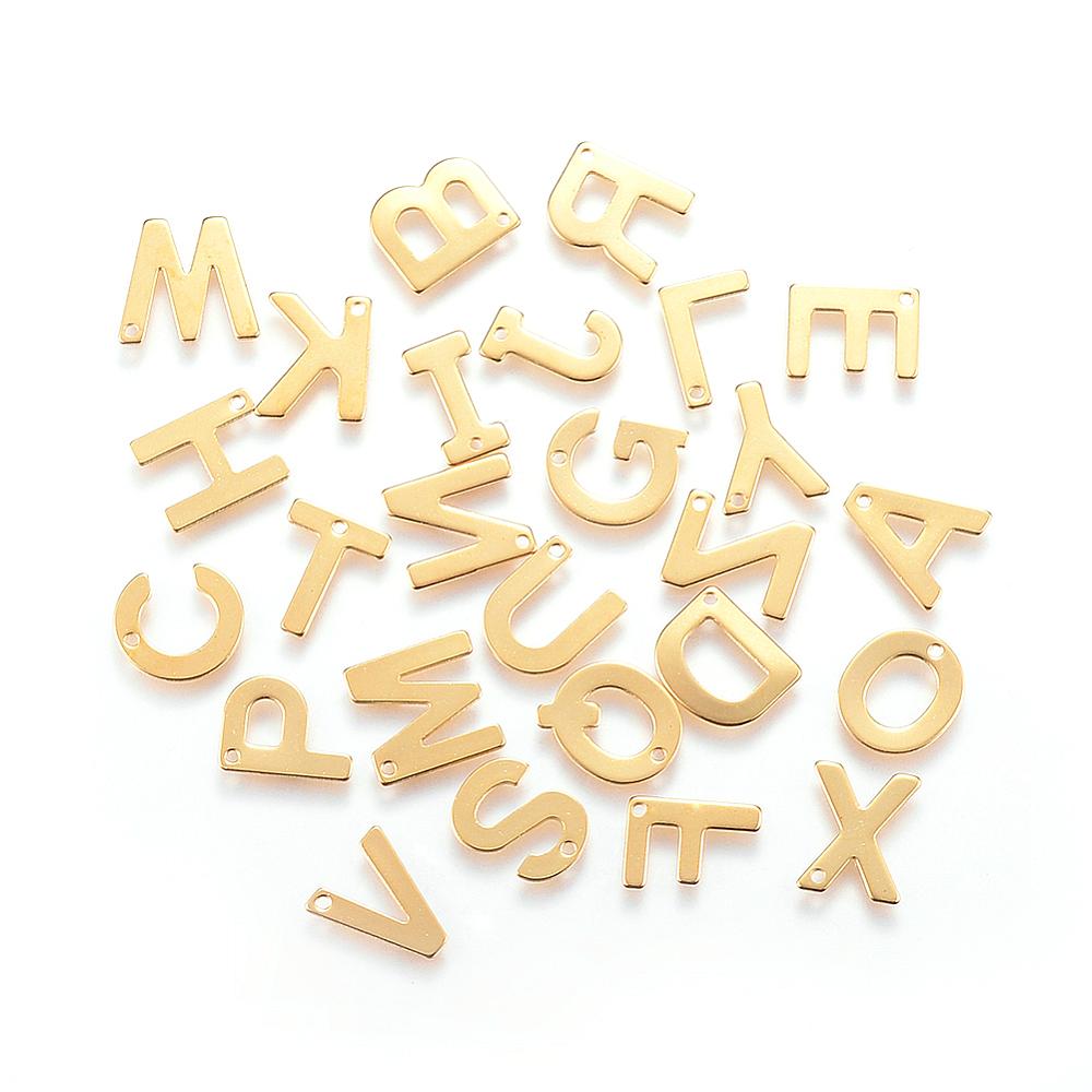 PandaHall 304 Stainless Steel Charms, Alphabet, Mixed, Golden, 11x6~12x0.8mm, Hole: 1mm Stainless Steel Alphabet