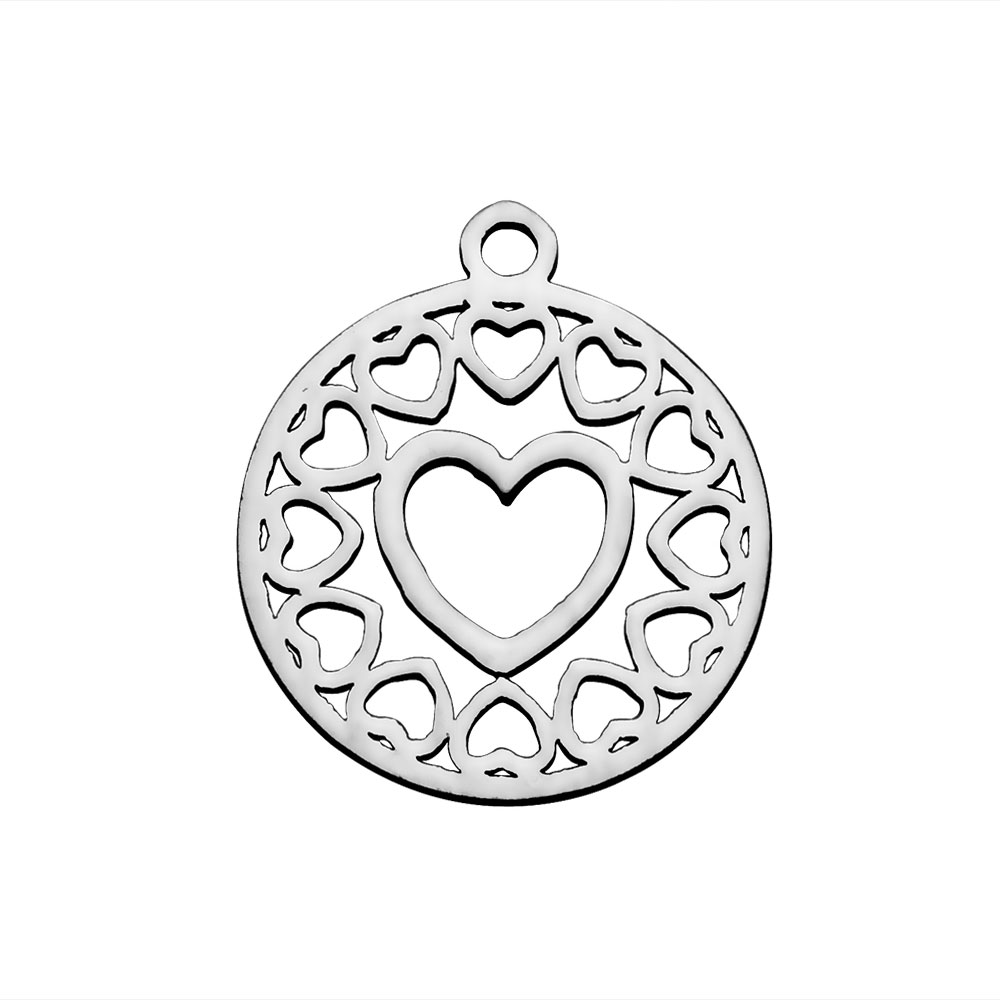 PandaHall 304 Stainless Steel Pendants, Flat Round with Heart, Stainless Steel Color, 18x16x1.1mm, Hole: 1.5mm Stainless Steel Flat Round