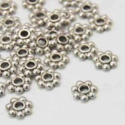 PandaHall Tibetan Style Bead Spacers, Flower, Antique Silver, 6x1.3mm, Hole: 2mm; Lead Free and Cadmium Free and Nickel Free Alloy Flower