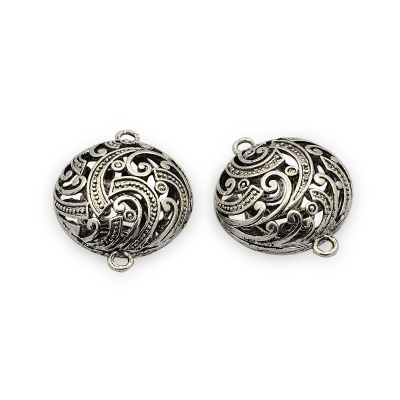 PandaHall Brass Flat Round Links, Hollow, Nickel Free, Antique Silver, 34x26x15mm, Hole: 3mm Brass Flat Round