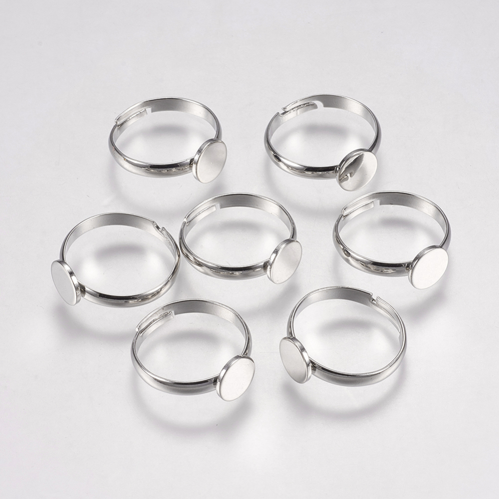 PandaHall Adjustable Brass Pad Ring Bases, with Flat Round Cabochon Bezel Settings, Platinum, Tray: 8mm; 17x3mm Brass