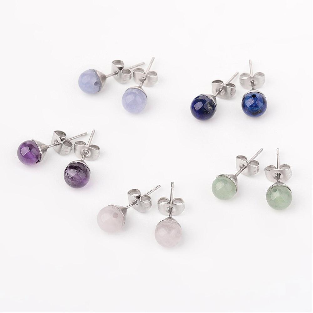 PandaHall 304 Stainless Steel Stud Earrings, with Natural Rose Quartz/Lapis Lazuli/Quartz/Green Aventurine/Amethyst, 20mm; Pin: 0.6mm Mixed...