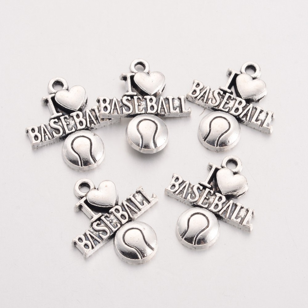 PandaHall Tibetan Style Alloy Message Pendants, Phrase I Love Baseball, Cadmium Free & Lead Free, Antique Silver, 21.5x18.7x3mm, Hole: 2mm...