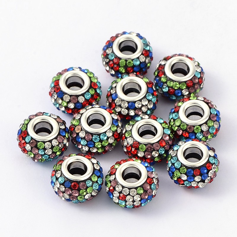 PandaHall Resin Rhinestone European Beads, Grade A, with Silver Plated Brass Double Cores, Rondelle, Colorful, 15x10mm, Hole: 5mm Rondelle...