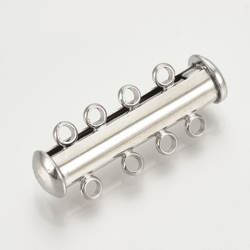 PandaHall Brass Slide Lock Clasps, 4-Strand, 8-Hole, Magnetic, Tube, Platinum, 26x10x6mm, Hole: 2mm Brass
