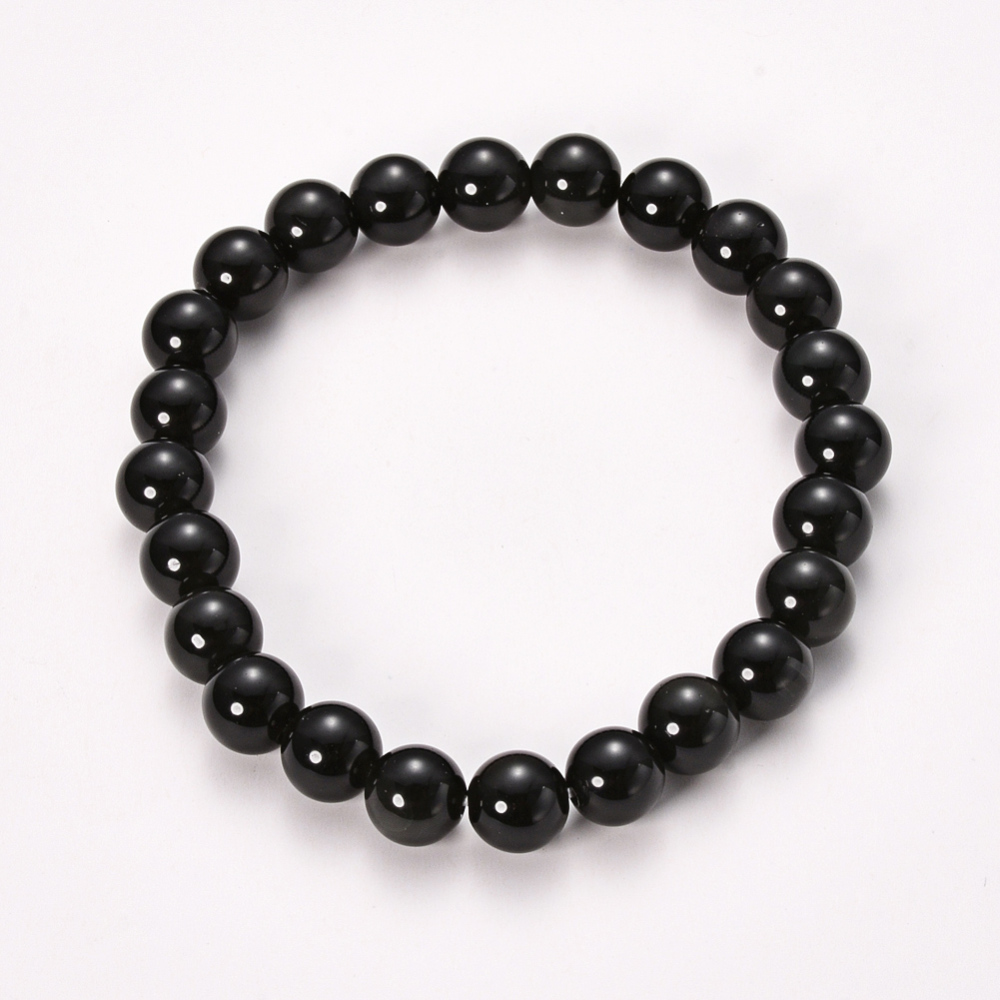 PandaHall Natural Black Obsidian Beaded Stretch Bracelets, Round, 2-1/8"(55mm); bead: 8~9mm Obsidian
