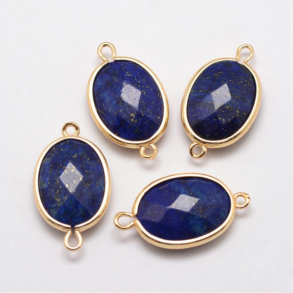 PandaHall Golden Tone Brass Lapis Lazuli Links, Faceted, Oval, 26.5x15x6mm, Hole: 1~2mm Lapis Lazuli Oval