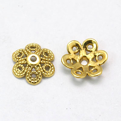 PandaHall Tibetan Silver Bead Caps, Lead Free & Cadmium Free, Antique Golden Color, about 12mm in diameter, 3mm thick, hole: 2mm Alloy