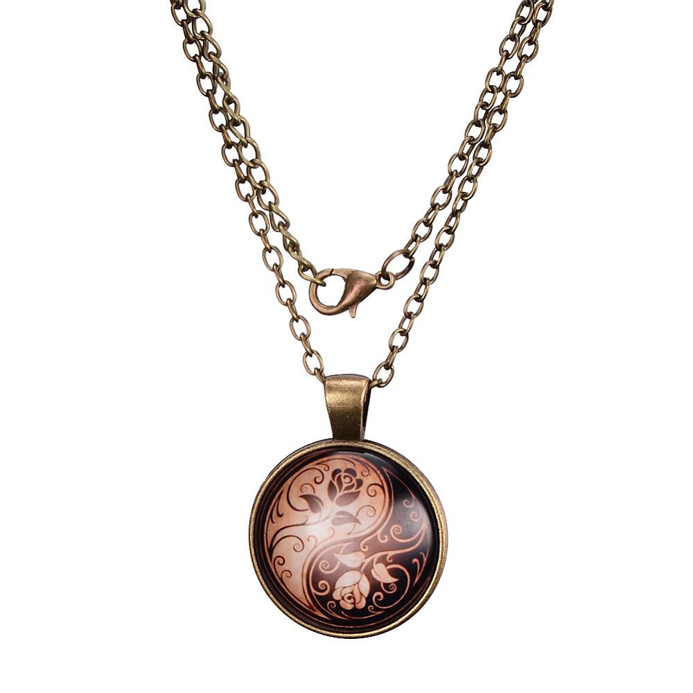 PandaHall Yin-Yang with Rose Pattern Flat Round Glass Pendant Necklaces, with Alloy Chains, Antique Bronze, 18" Glass