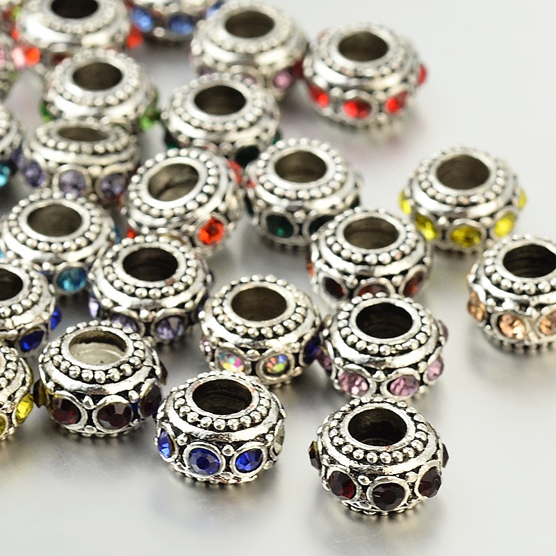 PandaHall Antique Silver Zinc Alloy Rhinestone Large Hole European Rondelle Beads, Mixed Color, 10~12x6mm, Hole: 4.5mm Rondelle