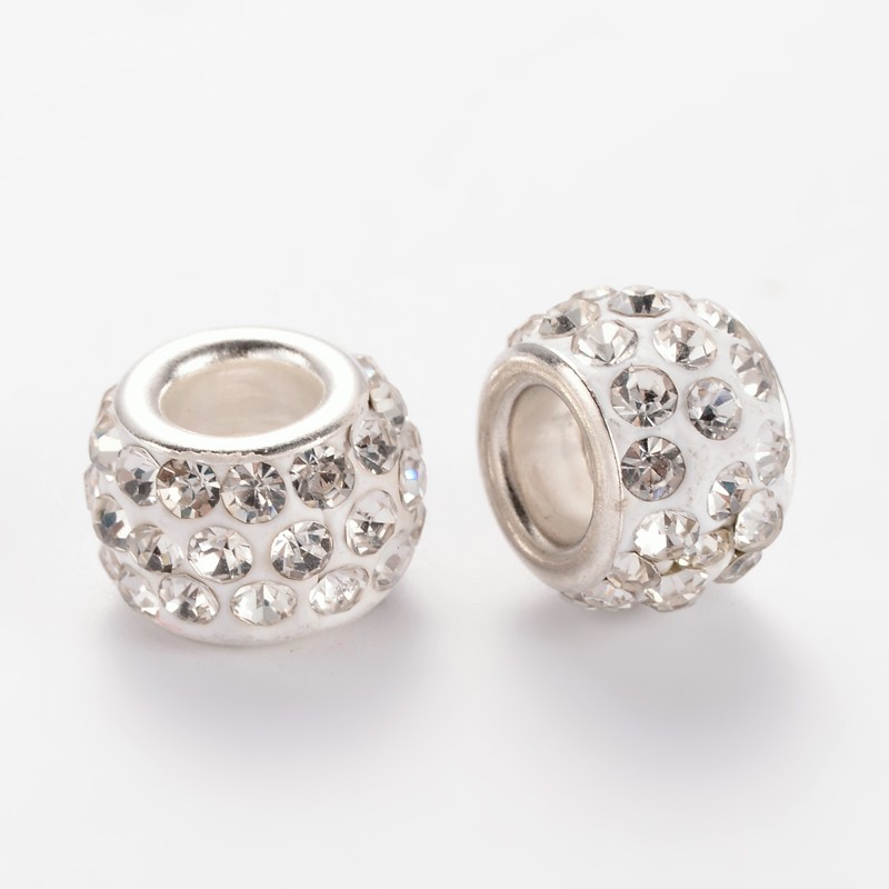 PandaHall Polymer Clay Rhinestone European Beads, Large Hole Rondelle Beads, with Platinum Plated Alloy Cores, Crystal, 10~12x7mm, Hole: 5mm...