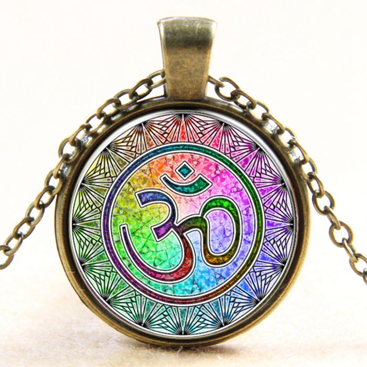 PandaHall Flat Round with Rainbow Yoga Glass Alloy Pendant Necklaces, Antique Bronze, 17.7" Glass