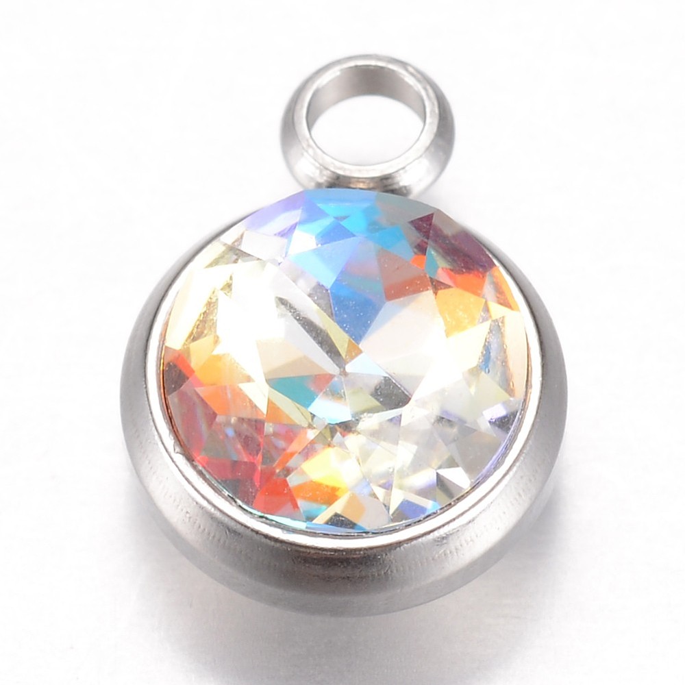 PandaHall Glass Charms, Faceted, with 304 Stainless Steel Findings, Flat Round, Colorful, 14x10x6.5mm, Hole: 2.5mm Glass Flat Round