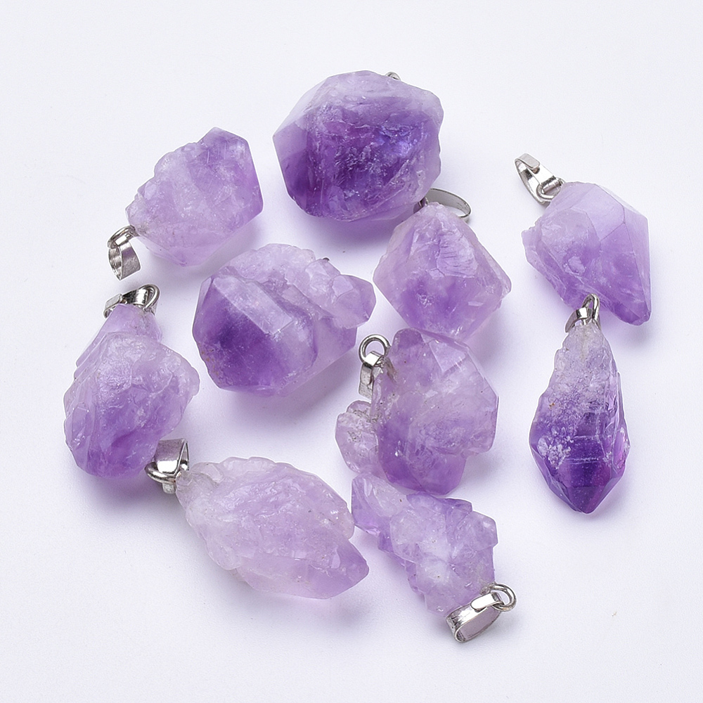 PandaHall Natural Amethyst Pendants, with Platinum Tone Alloy Finding, Nuggets, 20~26x11~20x11~13mm, Hole: 5x2.5mm Amethyst Nuggets