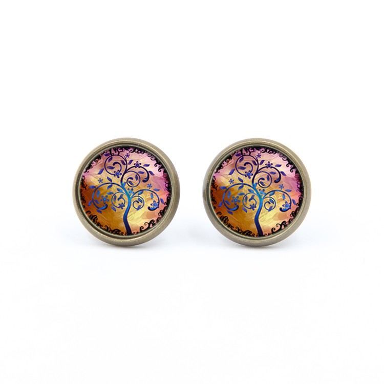 PandaHall Glass Stud Earrings, with Brass Findings, Flat Round with Tree of Life, Colorful, 14x5mm, Pin: 0.7mm Glass